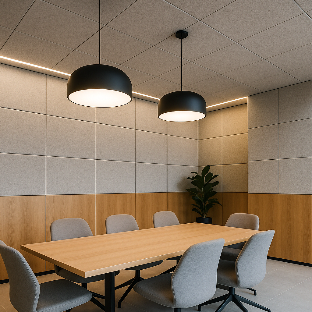 Desain Komersial Modern dengan Panel Akustik dan Material Premium
